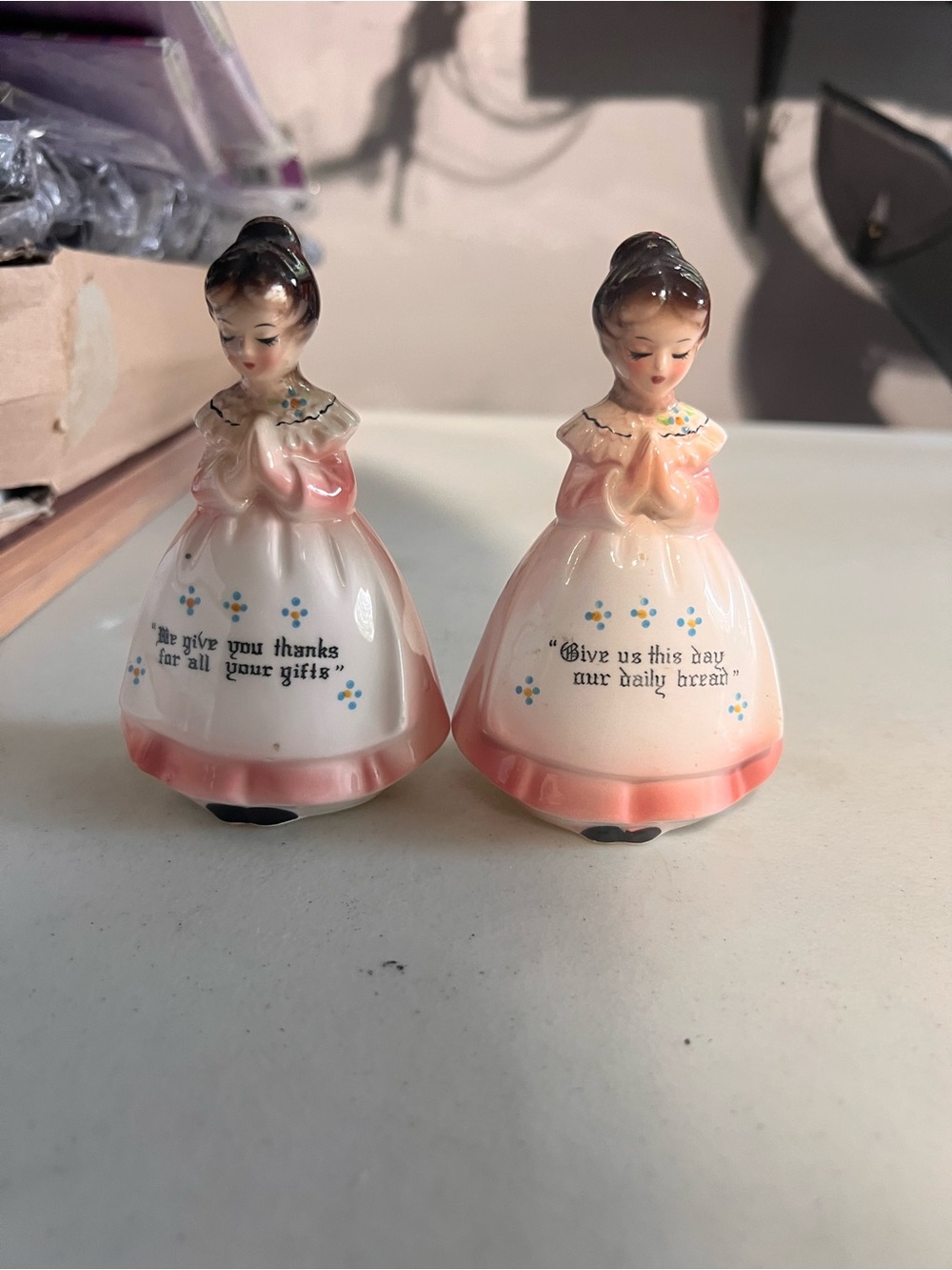 Vintage Ceramic Praying Girl Salt and Pepper Shakers - Pink and White